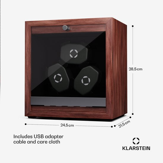 Klarstein Brienz 3 watchwinder, 3 horloges, 4 modi, houten look, blauwe binnenverlichting